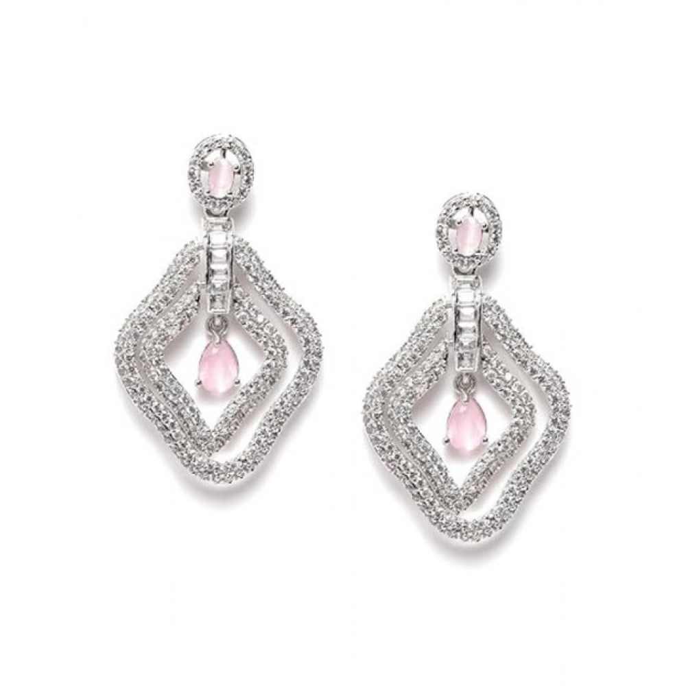 Women's Brass Silver Plated Drop Earrings (Pink)