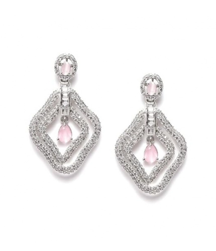 Women's Brass Silver Plated Drop Earrings (Pink)