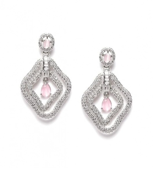 Women's Brass Silver Plated Drop Earrings (Pink)