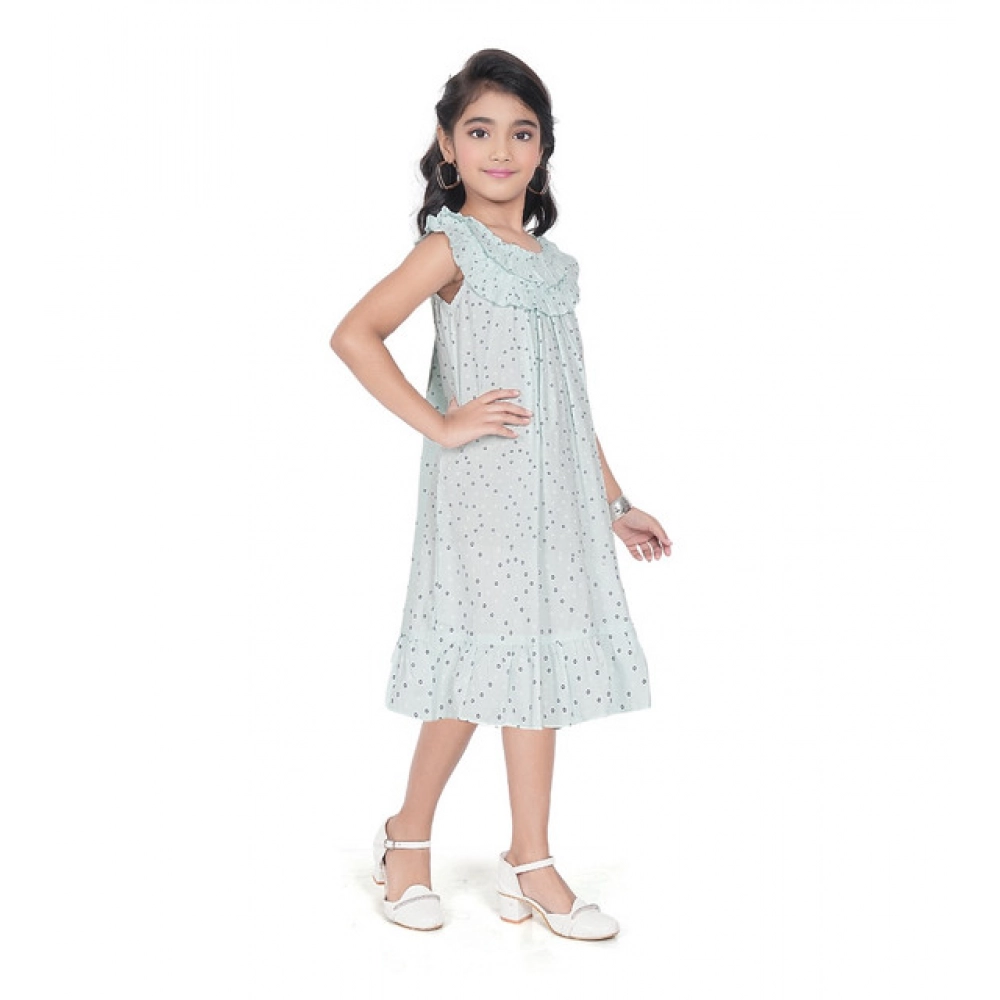 Girl's Heavy Pc Printed Sleeve Less Round Neck Dress (Light Blue)
