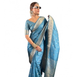 Women's Satin Printed Saree With Unstitched Blouse 5.5Mtr (light Blue)