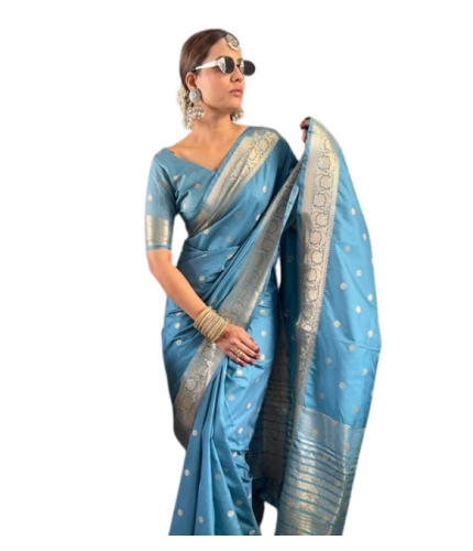 Women's Satin Printed Saree With Unstitched Blouse 5.5Mtr (light Blue)