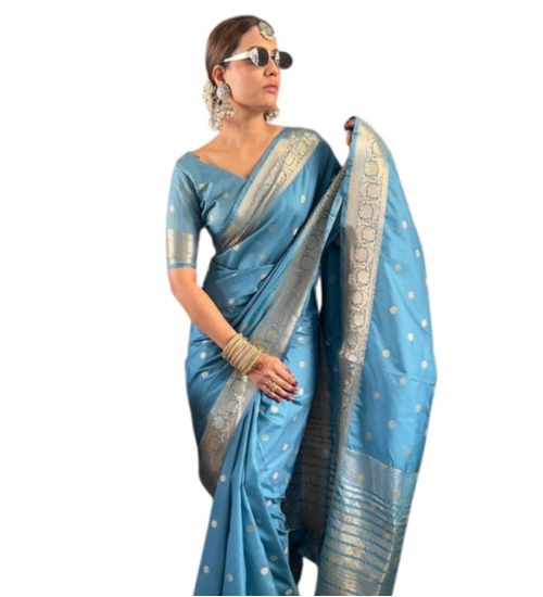 Women's Satin Printed Saree With Unstitched Blouse 5.5Mtr (light Blue)