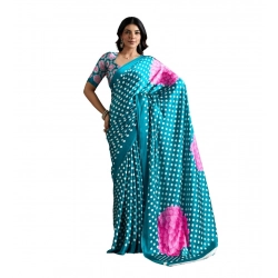 Women's Satin Crepe Printed Saree With Unstitched Blouse 5.5Mtr (Sky Blue)