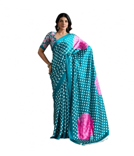 Women's Satin Crepe Printed Saree With Unstitched Blouse 5.5Mtr (Sky Blue)