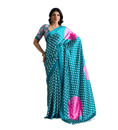 Women's Satin Crepe Printed Saree With Unstitched Blouse 5.5Mtr (Sky Blue)