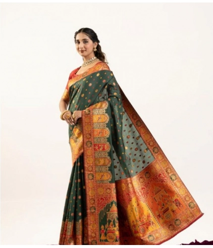 Women's Faux_Banarasi Woven Motifs Saree With Unstitched Blouse 5.5Mtr (Dark_Green)