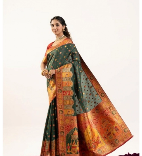 Women's Faux_Banarasi Woven Motifs Saree With Unstitched Blouse 5.5Mtr (Dark_Green)