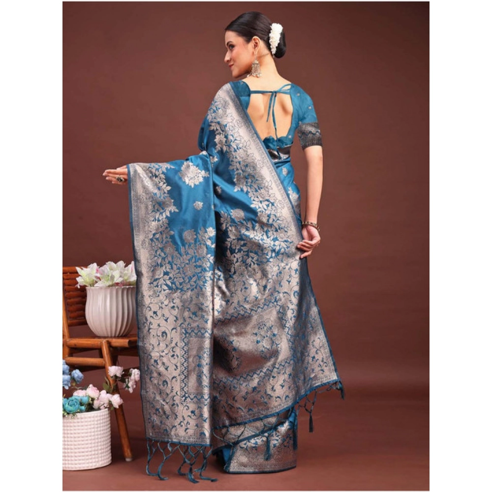 Women's Banarasi Silk Printed Saree With Unstitched Blouse 5.5Mtr (Teal Blue) Women's Banarasi Silk Printed Saree With Unstitched Blouse 5.5Mtr (Teal Blue)