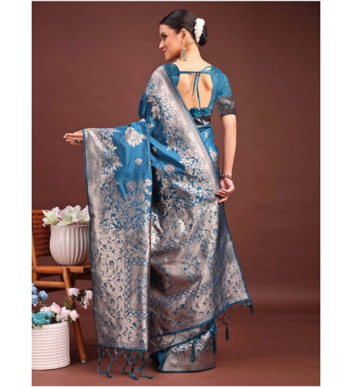 Women's Banarasi Silk Printed Saree With Unstitched Blouse 5.5Mtr (Teal Blue)