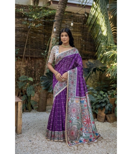 Women's Faux_Tussar Geometric_Print Saree With Unstitched Blouse 5.5Mtr (Purple)