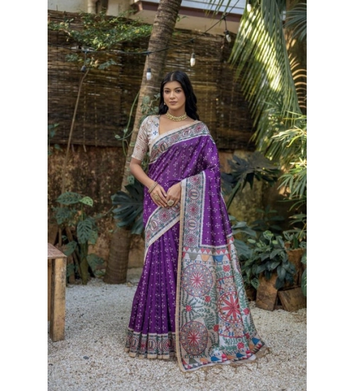 Women's Faux_Tussar Geometric_Print Saree With Unstitched Blouse 5.5Mtr (Purple)