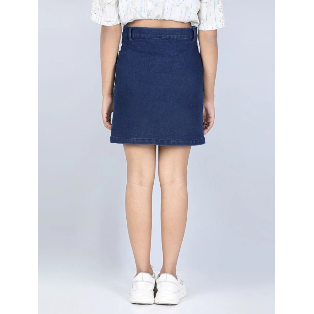 Girl's Denim Solid Buttoned Skirt (Navy Blue) Girl's Denim Solid Buttoned Skirt (Navy Blue)