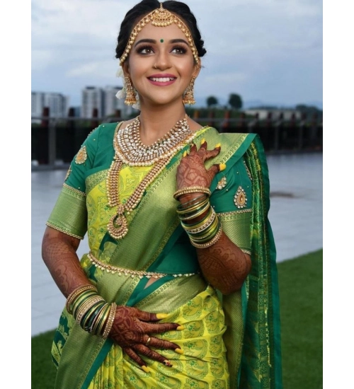 Women's Litchi silk Printed Saree With Unstitched Blouse (Light Green)