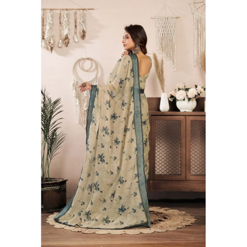 Women's Linen Cotton Printed Ready To Wear Saree With Unstitched Blouse 5.5 Mtr (Light_Beige)
