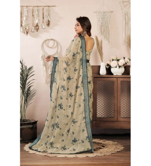 Women's Linen Cotton Printed Ready To Wear Saree With Unstitched Blouse 5.5 Mtr (Light_Beige)