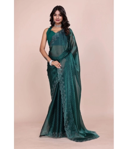 Women's Jimmy choo Embellished Bollywood Saree With Unstitched Blouse 5.5Mtr (Green)