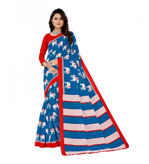 Women's Soft Pure Cotton Printed Saree With Unstitched Blouse 5.5Mtr (Blue)