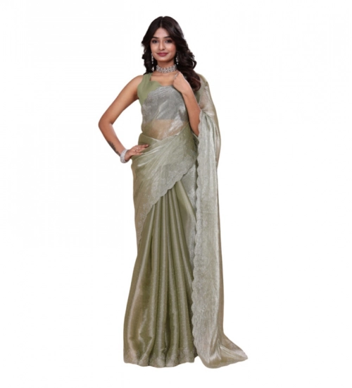 Women's Jimmy choo Embellished Bollywood Saree With Unstitched Blouse 5.5Mtr (Light Green)