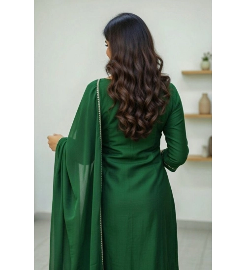 Women's Georgette Ethnic Motif Round 3/4th Sleeve Kurti With Pant Dupatta Set (Green)