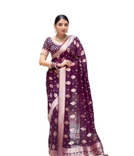Women's Soft Lichi Silk Printed Saree With Unstitched Blouse 5.5Mtr (Purple)