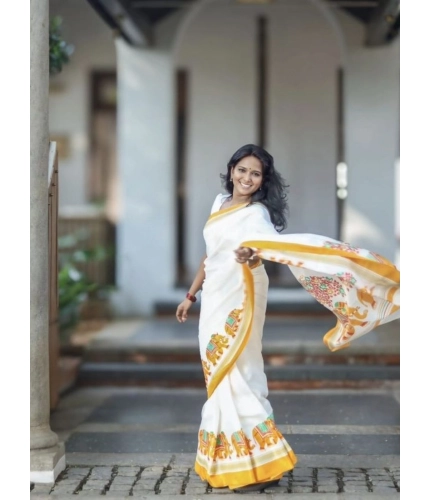 Women's Linen Printed Saree With Unstitched Blouse 5.5Mtr (White)