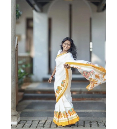 Women's Linen Printed Saree With Unstitched Blouse 5.5Mtr (White) Women's Linen Printed Saree With Unstitched Blouse 5.5Mtr (White)