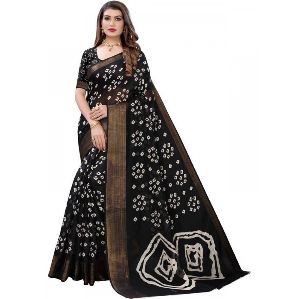 Women's Cotton Silk Bandhni Saree With Unstitched Blouse 5.5Mtr (Black)