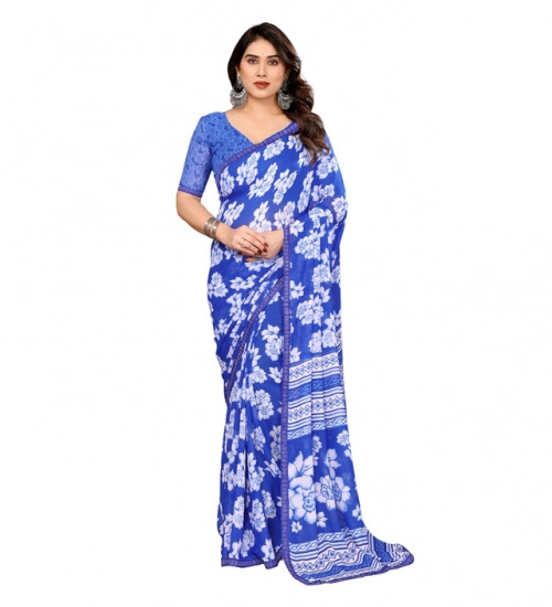 Women's Georgette Printed Saree With Unstitched Blouse 5.5Mtr (Blue)