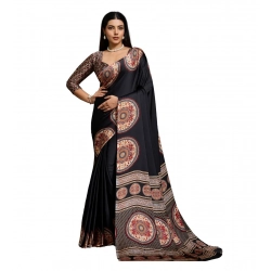 Women's Satin Crepe Printed Saree With Unstitched Blouse 5.5Mtr (Black)