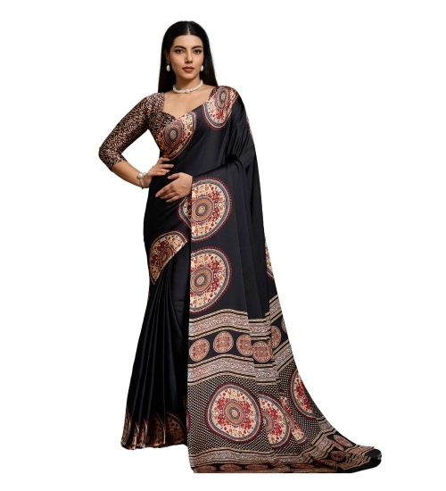 Women's Satin Crepe Printed Saree With Unstitched Blouse 5.5Mtr (Black)