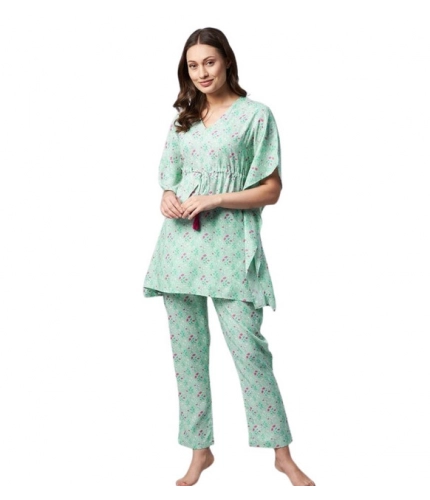 Women's Rayon Floral Kaftan Sleeve Night Suit (Green - Pink)