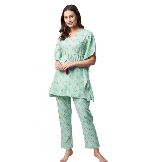 Women's Rayon Floral Kaftan Sleeve Night Suit (Green - Pink)