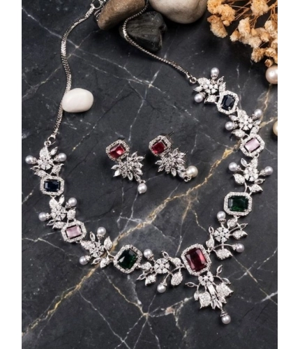 Women's Brass Silver Plated Necklace set (Multicolor)
