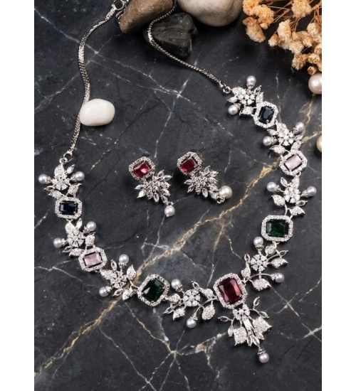 Women's Brass Silver Plated Necklace set (Multicolor)
