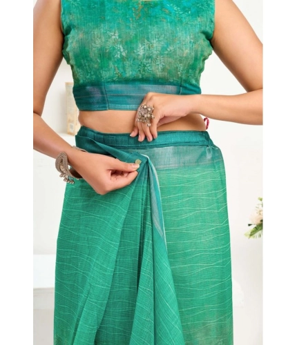 Women's Faux Linen Floral Ready to wear Saree With Unstitched Blouse 5.5Mtr (Green)