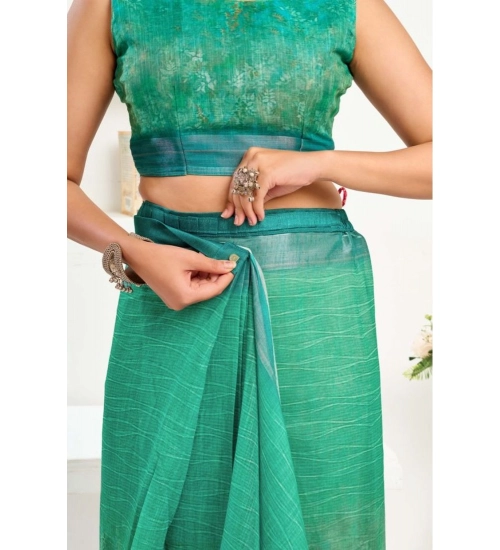 Women's Faux Linen Floral Ready to wear Saree With Unstitched Blouse 5.5Mtr (Green)