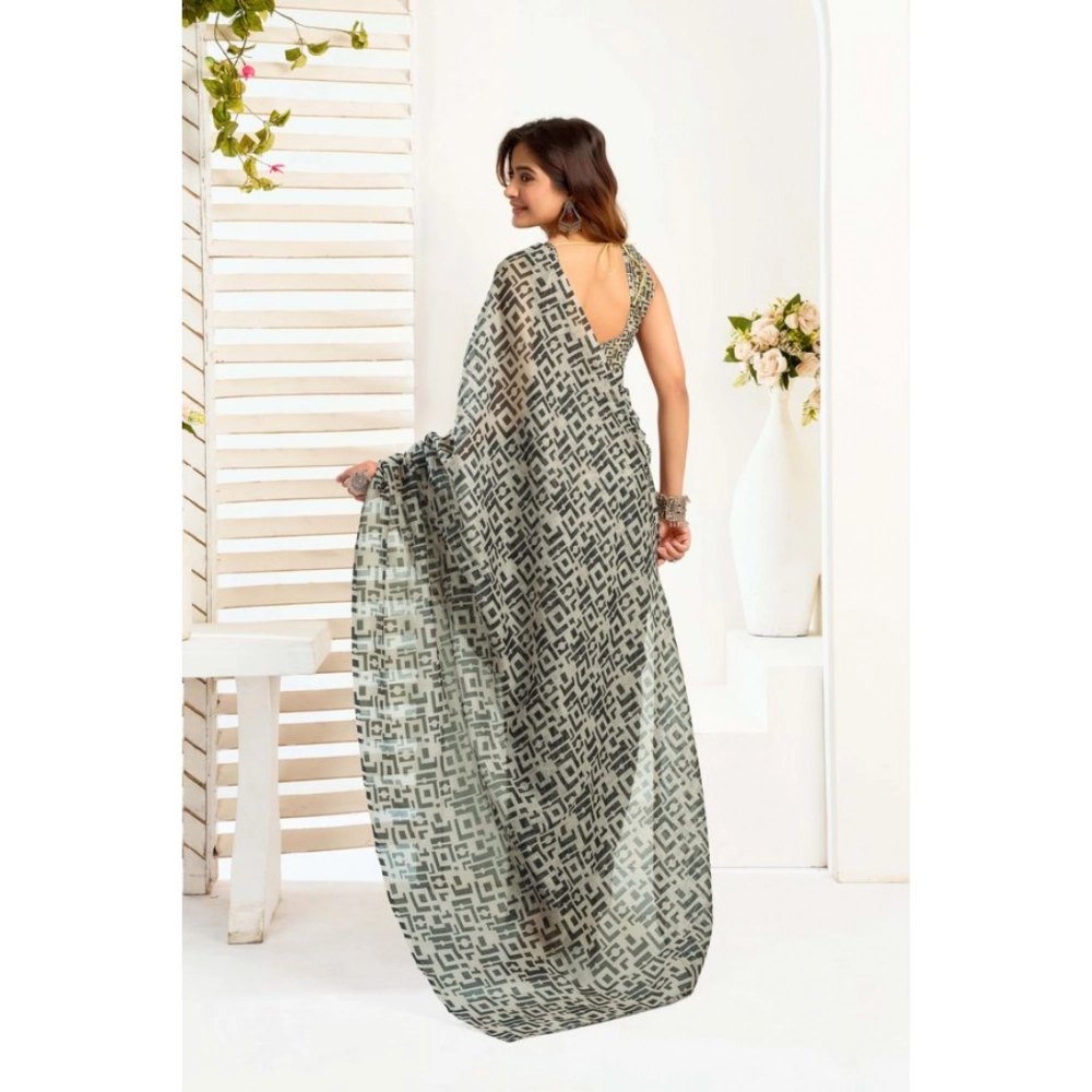 Women's Linen Cotton Printed Ready To Wear With Pocket Saree With Unstitched Blouse 5.5 Mtr (Grey)