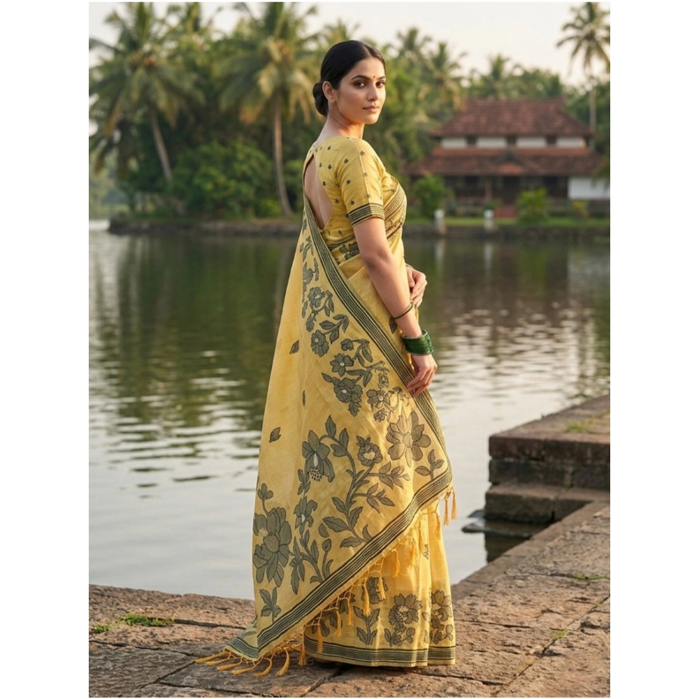 Women's Linen Cotton Printed Saree With Unstitched Blouse 5.5Mtr (Yellow) Women's Linen Cotton Printed Saree With Unstitched Blouse 5.5Mtr (Yellow)