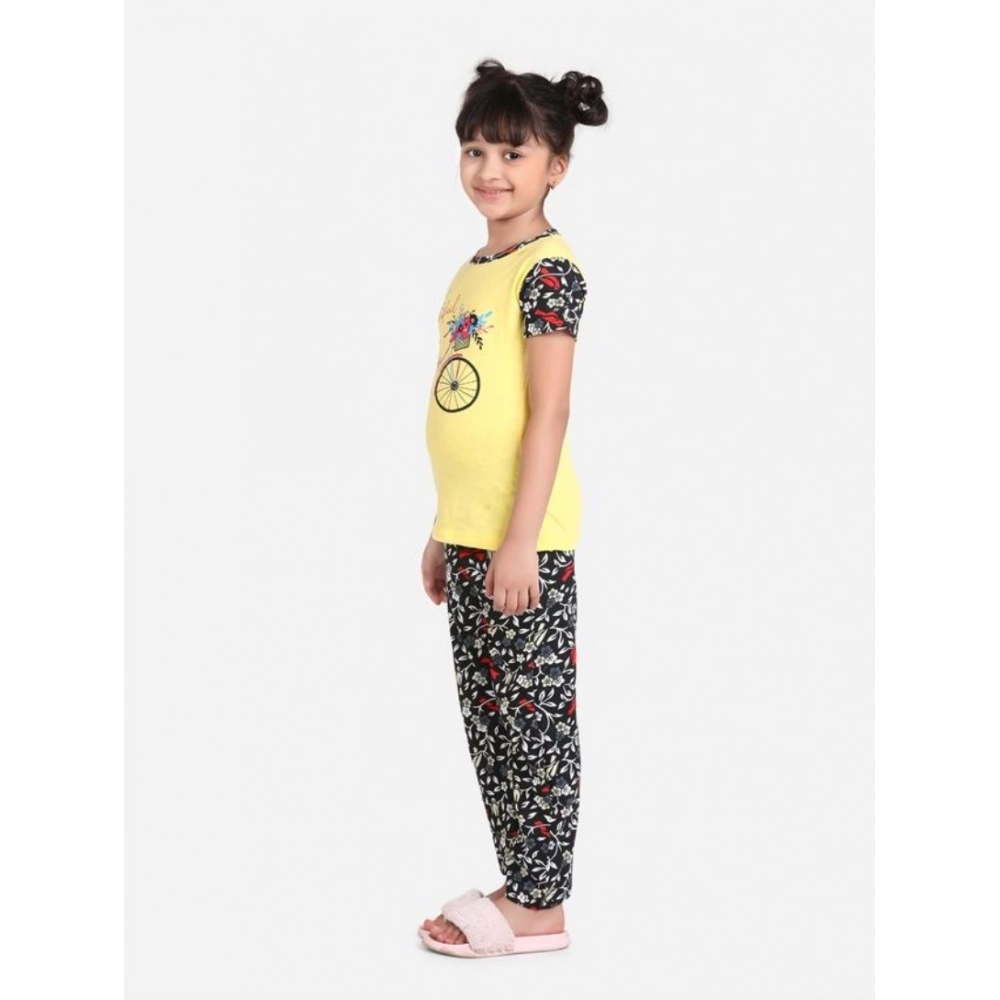 Girl's Cotton Hosiery Printed Night Suit Set (Yellow-Black) Girl's Cotton Hosiery Printed Night Suit Set (Yellow-Black)