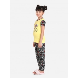 Girl's Cotton Hosiery Printed Night Suit Set (Yellow-Black)