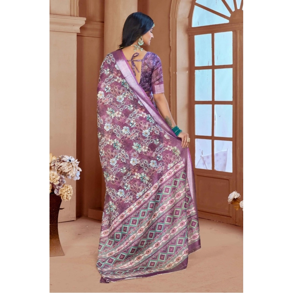 Women's Printed Cotton Linen Saree withPrinted  Saree With Unstitched Blouse (Purple, 5-6Mtrs)