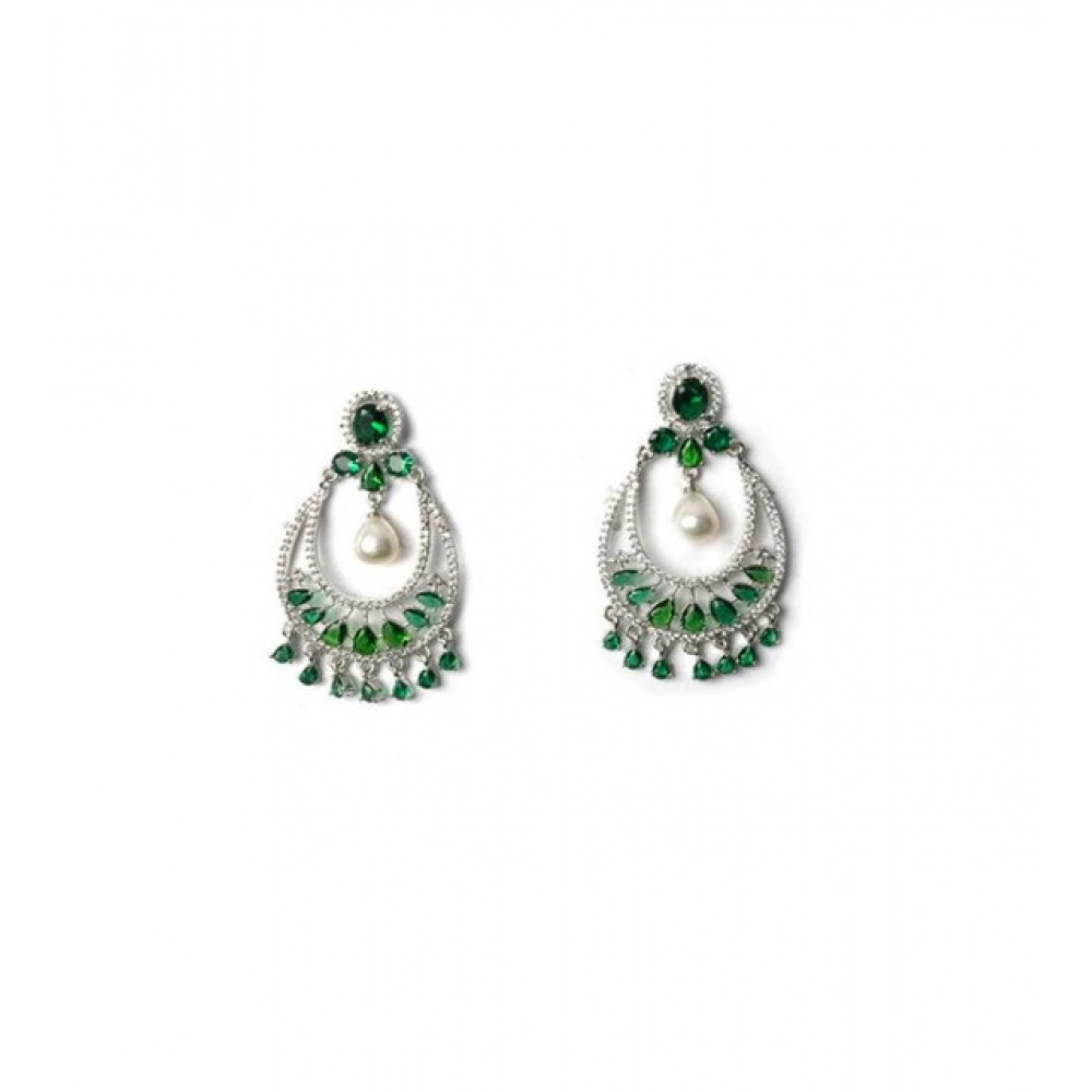 Women's Brass Silver Plated Chandbali Earrings (Green) Women's Brass Silver Plated Chandbali Earrings (Green)