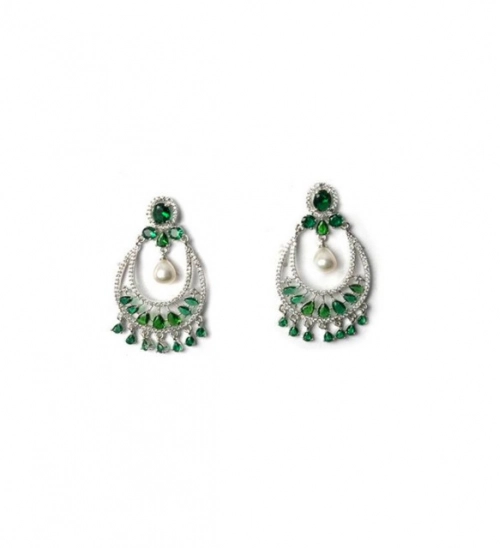 Women's Brass Silver Plated Chandbali Earrings (Green)