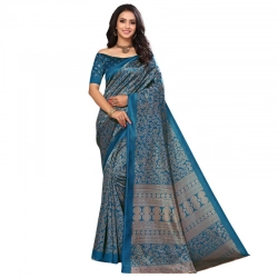Women's Litchi silk Printed Saree With Unstitched Blouse  5-6 Mtrs (Blue)