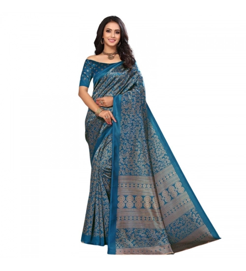 Women's Litchi silk Printed Saree With Unstitched Blouse  5-6 Mtrs (Blue)