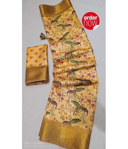 Women's Digital Dolla Silk Printed Saree With Unstitched Blouse 5.5Mtr (Mustard)