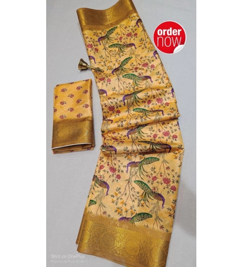 Women's Digital Dolla Silk Printed Saree With Unstitched Blouse 5.5Mtr (Mustard)
