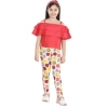 Girl's Cotton Floral Elasticated Jegging and Top Set (Red)