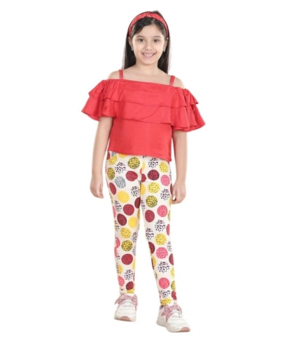 Girl's Cotton Floral Elasticated Jegging and Top Set (Red)